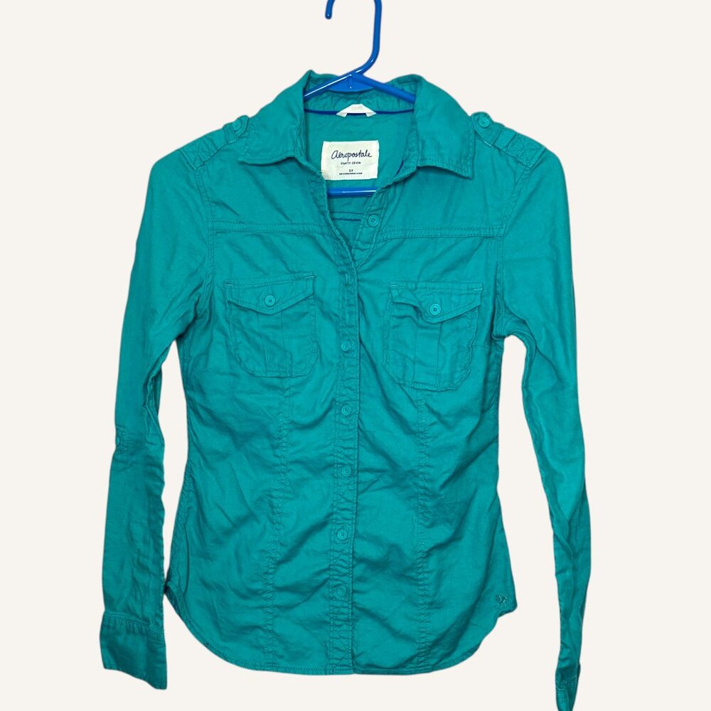 Aeropostale Fitted Teal Blue Long Sleeve Button Down Collared Shirt Women's S